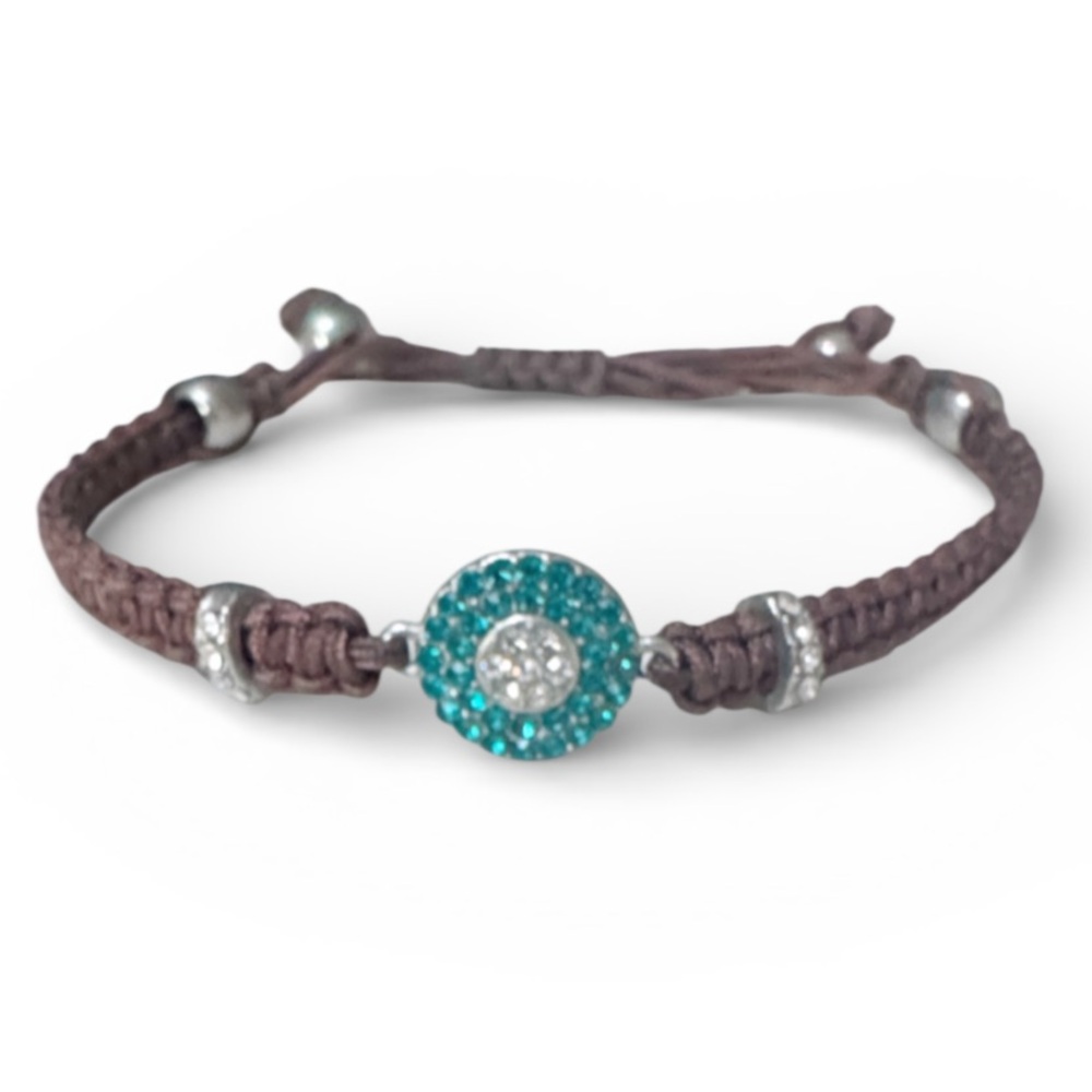 Blue pavé stone charm adjustable brown braided woven leather bracelet OS